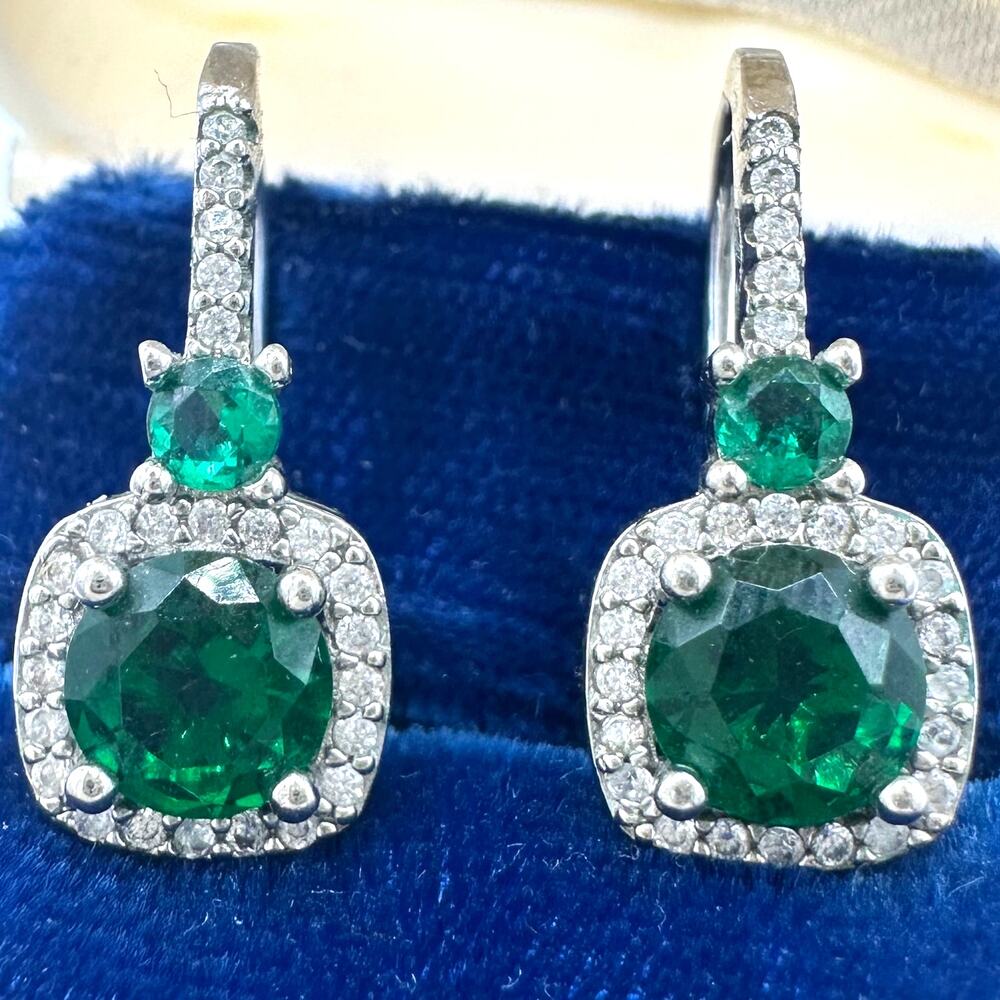 Signed silver tone clear emerald green cubic zirconia CZ drop post hook earrings